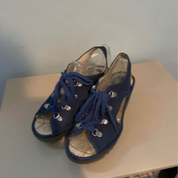 Fly London Women Lace Up Wedge Sandal Shoes Size 5.5-6 / EU 36 EUR Navy Leather - Picture 3 of 8